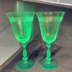 Antique Tiffin Franciscan Tall Blue Stem 2 Glasses Etched Manganese 365nm UV